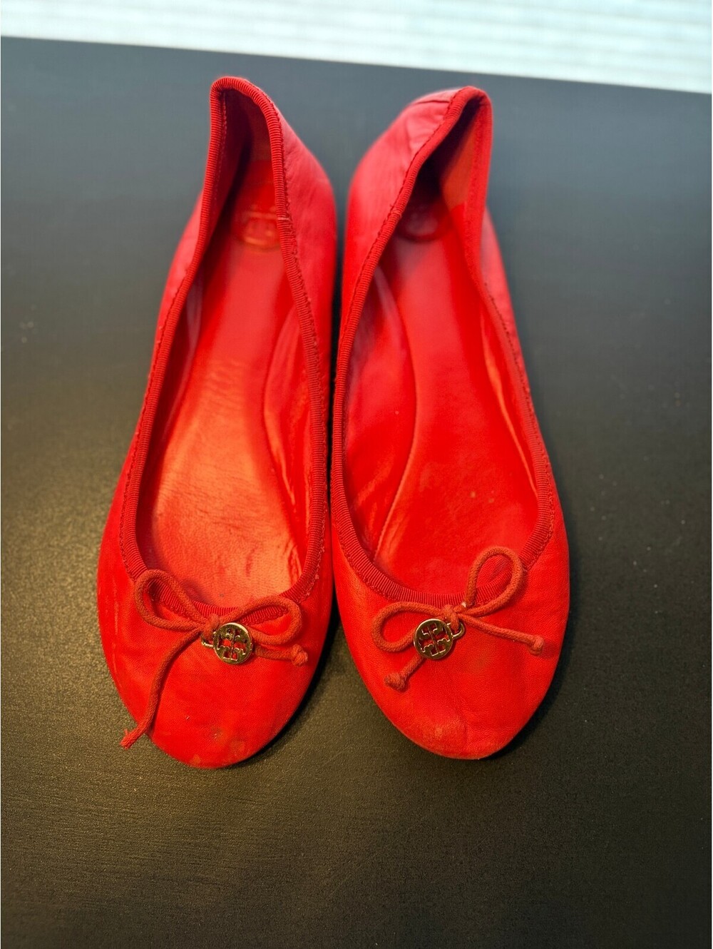Tory Burch Coral Orange Leather Laila Bow Ballet Flats Shoes Size 9 M 1180